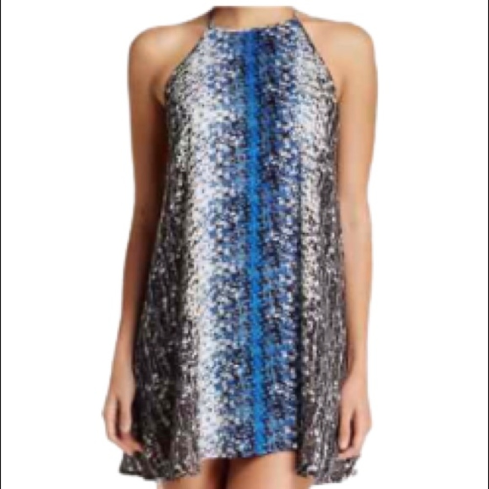 Free People Small Talk Mini Dress Blue Black Onyx Print T-Strap Back Med…